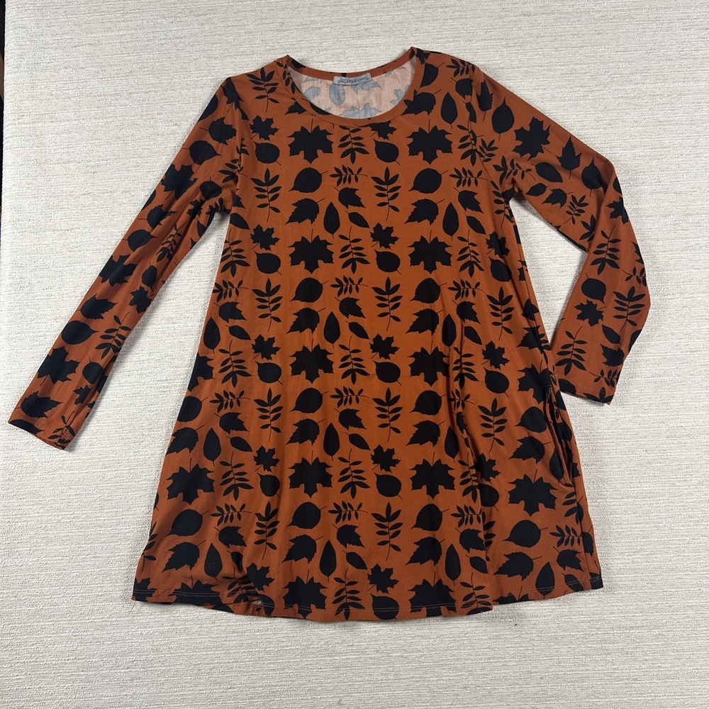 Fall Leaf Print Swing Dress Pockets Long Sleeve Orange Black Tunic L Soft Stretc
